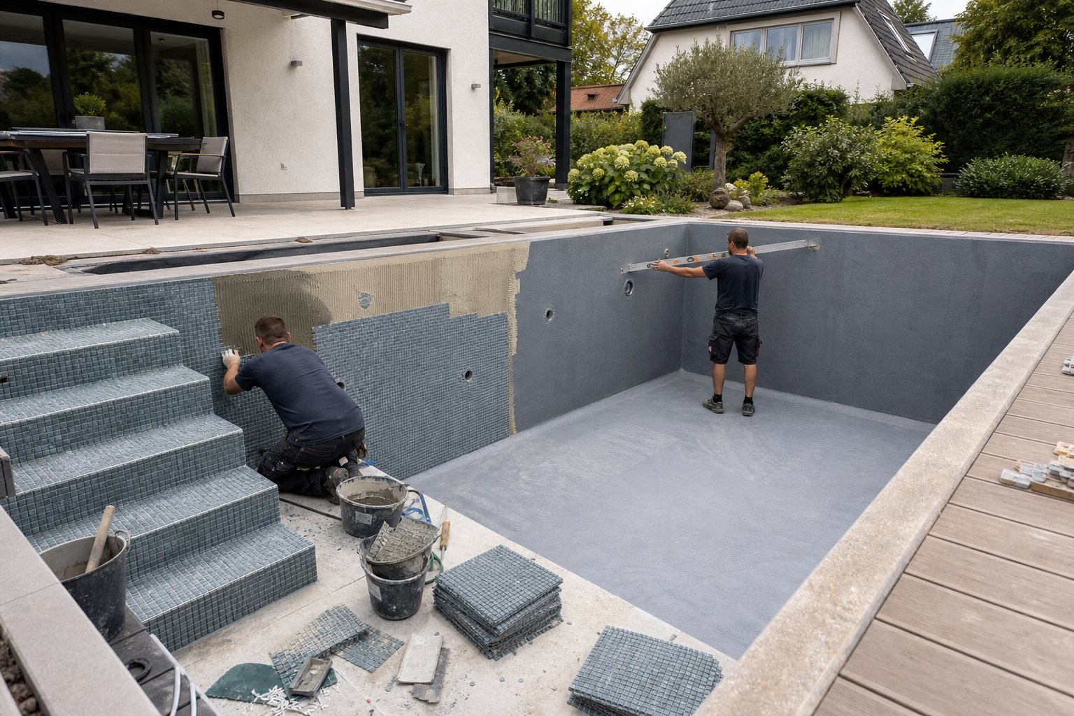Abdichtung und Mosaikverlegung in einem massiv gebauten Poolbecken