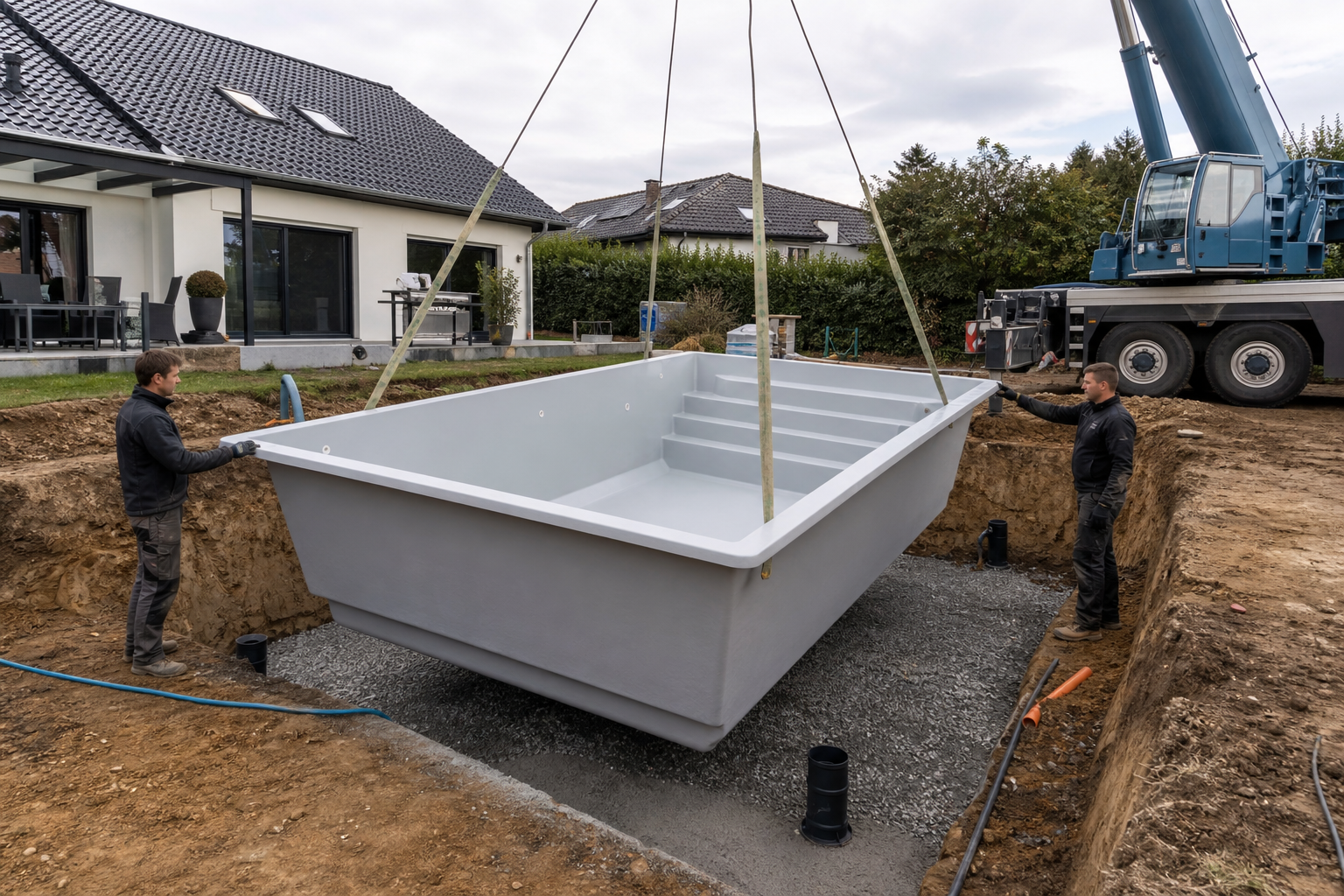 Vorgefertigtes Poolbecken wird in die vorbereitete Baugrube eingesetzt